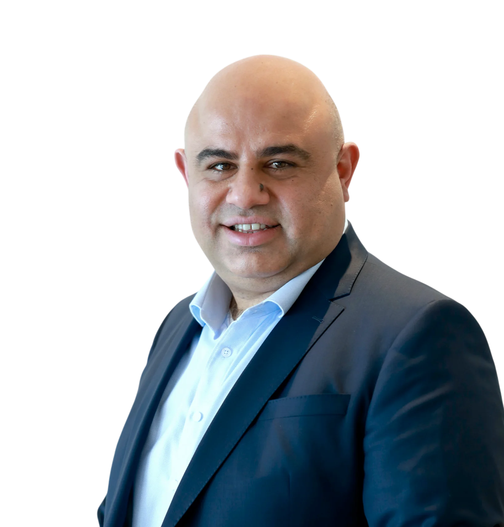 Omar Ayyash smiling in a navy blue suit and light blue shirt against a white background.